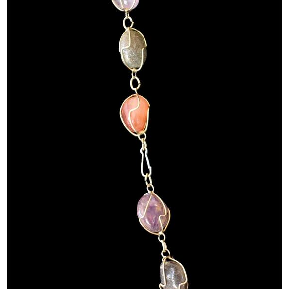 Vintage 80's Wire Wrapped Multi Stone Agate Necklace - 30 Inch Single Strand - Picture 4 of 4